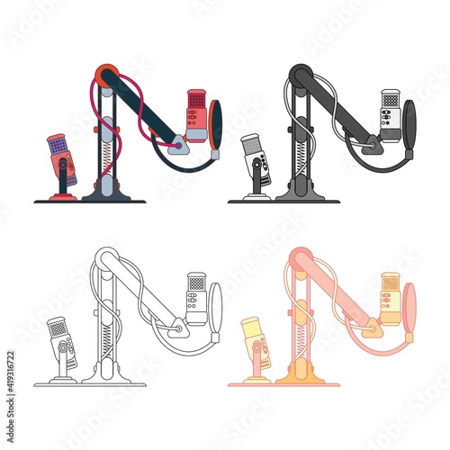 Studio desktop microphone with broadcast text over the air for podcasts, online communication and web conferencing. Vector illustration in a flat style.
