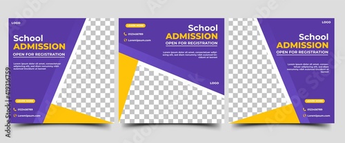 Set of Social media post template for School Admission. Modern banner with purple and yellow background color shape. Vector design with photo collage. Suitable for social media, flyers, and web ads.