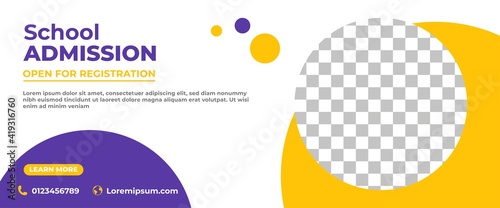 School admission web banner template design. Modern banner design with white, purple, and yellow shape background. Vector design with photo collage.