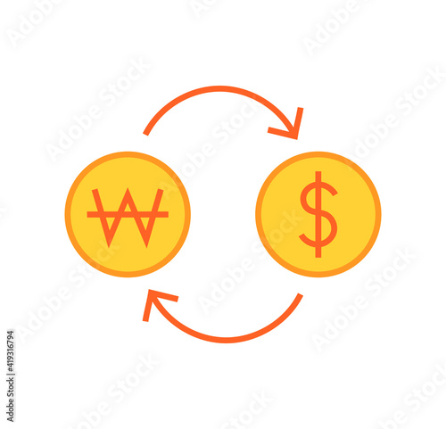 Won and dollar exchange. Vector illustration of an exchange rate or currency exchange icon.