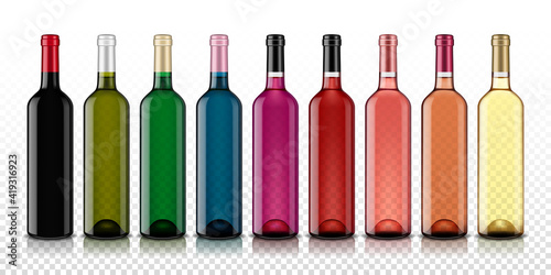 Multicolored set of transparent wine bottle, isolated.