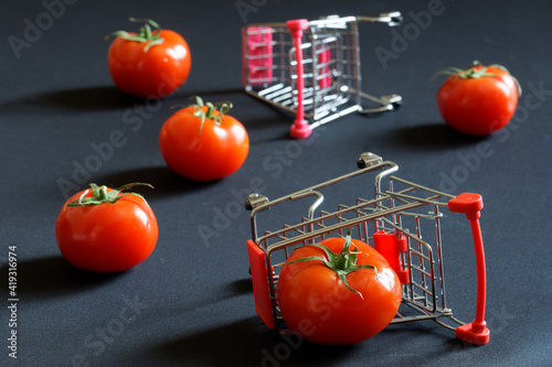 Red tomatoes and supermarket carts are scattered across the dark surface. Concept of trade problems, agricultural discontent, strikes and anti-globalization