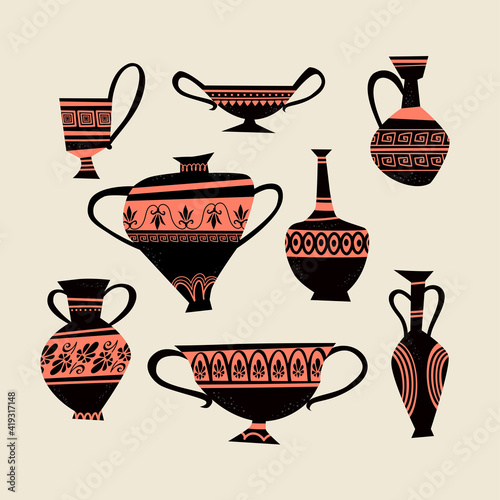 A set of images of Greek traditional vases in the original style. Decorative art of antiquity in modern interpretation