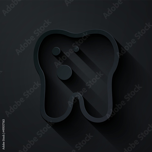 Paper cut Tooth with caries icon isolated on black background. Tooth decay. Paper art style. Vector.