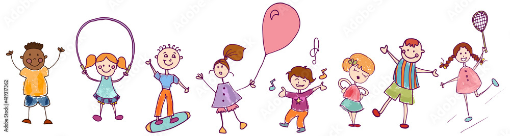 Diversity group of happy sweet kids in action playing and jumping. Kindergarten. Preschool. Funny active and joyful smiling children with cute clothes.Colorful cartoons.Stylized drawing Diversity group of happy sweet kids in action playing and jumping. Kindergarten. Preschool. Funny active and joyful smiling children with cute clothes.Colorful cartoons.Stylized drawing