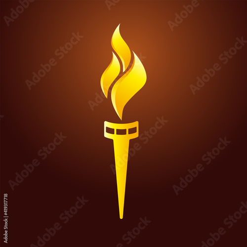 Flaming torch logo concept. Sport fire gold colored creative sign. Competitions, union, club or confederacy icon with flames. Isolated abstract graphic design template.
