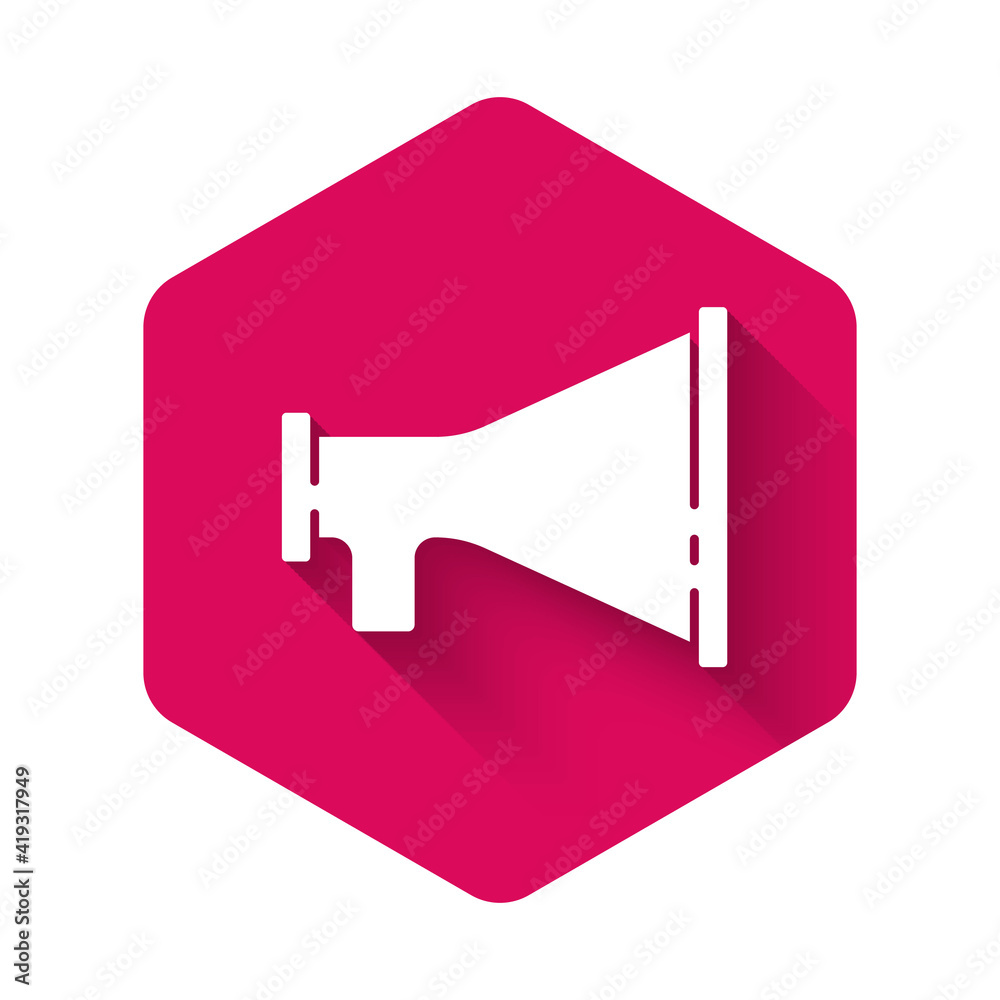 White Megaphone icon isolated with long shadow. Speaker sign. Pink hexagon button. Vector. White Megaphone icon isolated with long shadow. Speaker sign. Pink hexagon button. Vector.