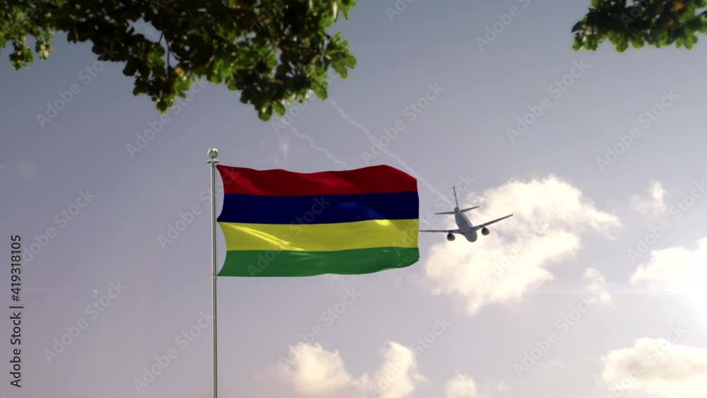 Mauritius Flag With Airplane And City -3D rendering