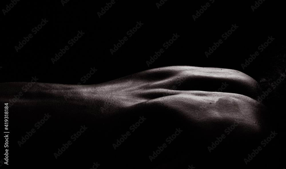 Naked Woman Sexy Silhouette, Sensual Girl Pose, Nude Body Dark Black and White