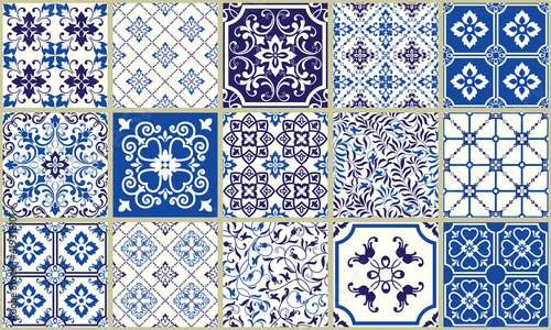 Collection of 15 ceramic tiles in turkish style. Seamless colorful patchwork from Azulejo tiles. Portuguese and Spain decor. Islam, Arabic, Indian, Ottoman motif. Vector Hand drawn background