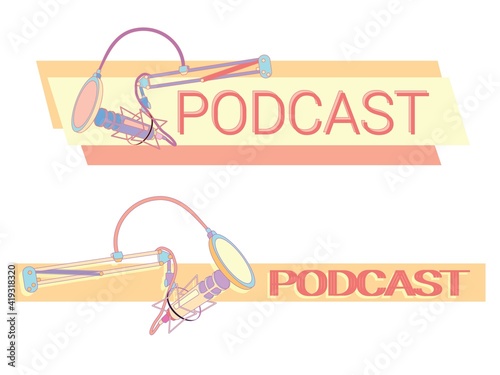 Studio desktop microphone with broadcast text over the air for podcasts, online communication and web conferencing. Vector illustration in a flat style.