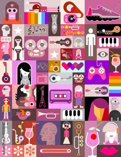 Pop art vector collage of characters, people avatars, different objects and abstract shapes. Can be used as a seamless background. 