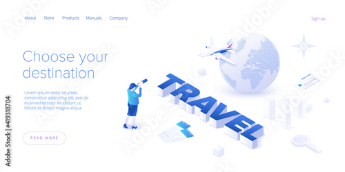 Travelling by air concept in isometric vector illustration. Around the world flight tour or trip. Cheap airline tickets searching and booking service Website layout or web banner template.