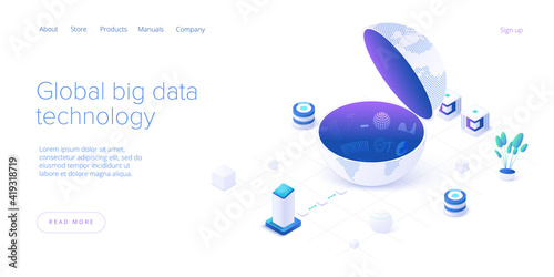 Big data technology in isometric vector illustration. Information storage and analysis system. Digital technology web banner layout template for website landing page.
