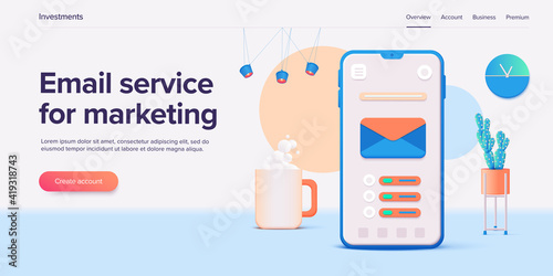 Email service isometric vector illustration. Electronic mail message concept as part of business  marketing. Webmail or mobile service layout for website landing header. Newsletter sending background.
