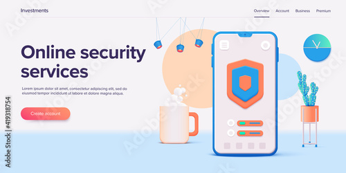 Mobile data security in 3d vector illustration. Online protection system concept with smartphone and verification code field. Secure transfer or transaction with password via internet.