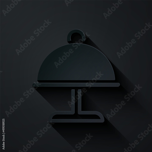 Paper cut Covered with a tray of food icon isolated on black background. Tray and lid. Restaurant cloche with lid. Kitchenware symbol. Paper art style. Vector.