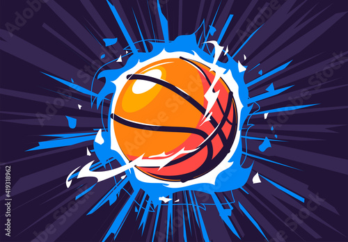 Vector illustration of a basketball on fire, with a dynamic dark background, a flaming basketball, energy around © Leonid
