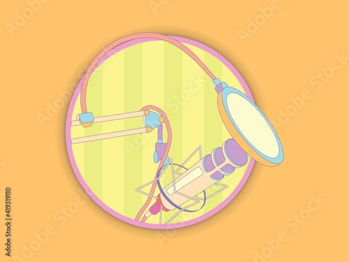 Studio desktop microphone with broadcast text over the air for podcasts, online communication and web conferencing. Vector illustration in a flat style.