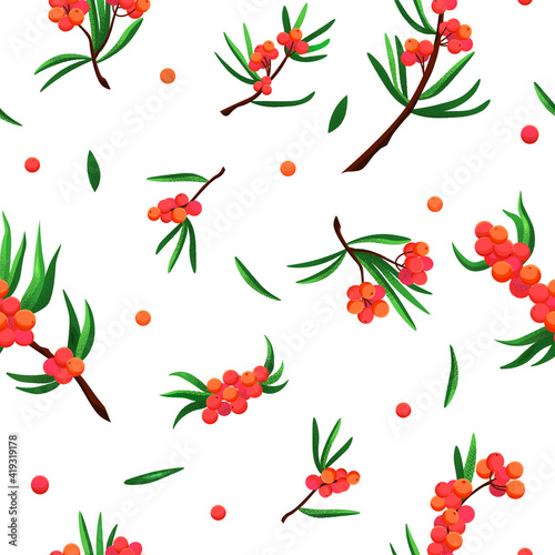 bright seamless vector pattern with sea buckthorn. autumn is warm