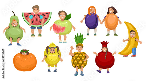 Children in fruit costumes. Set of characters. Crowd of cheerful preschoolers. Vector drawing illustration