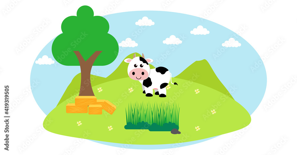 Cute Cartoon Vector Illustration of Cow and Farm Rural Meadow Stock ...