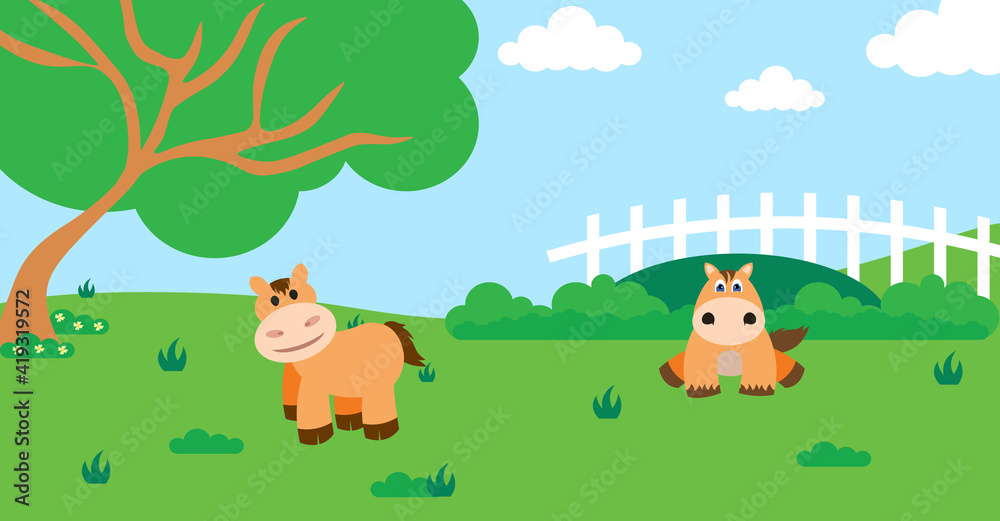 Cute Cartoon Vector Illustration of Horse and Farm Rural Meadow Cute Cartoon Vector Illustration of Horse and Farm Rural Meadow