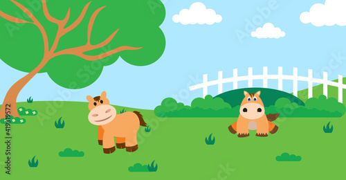 Cute Cartoon Vector Illustration of Horse and Farm Rural Meadow © denayune