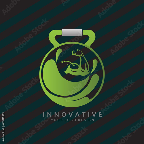 physical therapy clinic fitness logo with dumbbell icon. Virtual CrossFit and fitness vector official logo template.