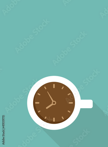 white cup with clock. Coffee time blue vertical background. top view.
