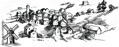 Fototapeta Naklejka Na Ścianę i Meble -  Hand drawn vector sketch of landscape with village in mountains valley, Farm, farmer, bullock animal, indian bael gadi, bail gadu, factory, wind power (2)
