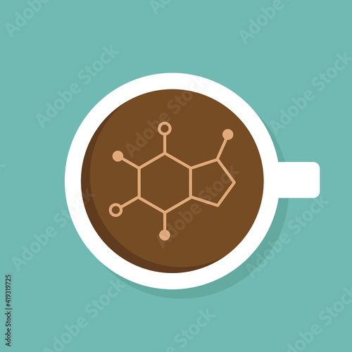 white cup of coffee with caffeine molecular formula. top view isolated on blue.