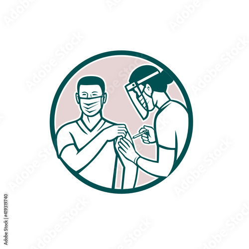 Icon retro style illustration of a frontline worker vaccinated with Covid-19 vaccination by a medical doctor or nurse set inside circle isolated background.