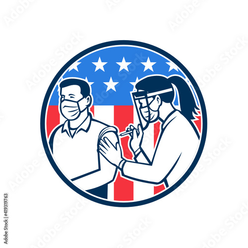 Icon retro style illustration of an American frontline worker vaccinated with Covid-19 vaccination by a medical doctor or nurse with USA stars and stripes flag inside circle isolated background.