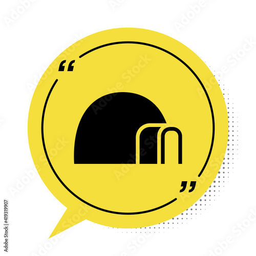 Black Igloo ice house icon isolated on white background. Snow home, Eskimo dome-shaped hut winter shelter, made of blocks. Yellow speech bubble symbol. Vector.