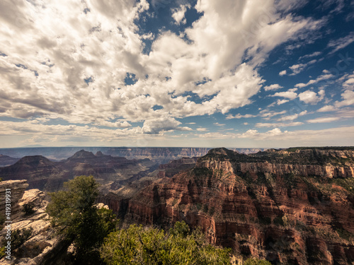 Wide shot of nature  clouds canyons and hills in Grand Canyon national park in Colorado  America
