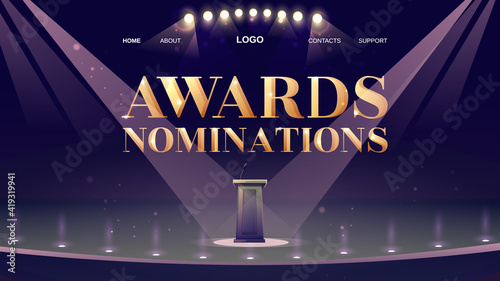 Award nominations cartoon landing page with tribune, microphone, glowing spotlights in conference hall, stage for presentation, empty scene interior. Announcement of ceremony event vector web banner