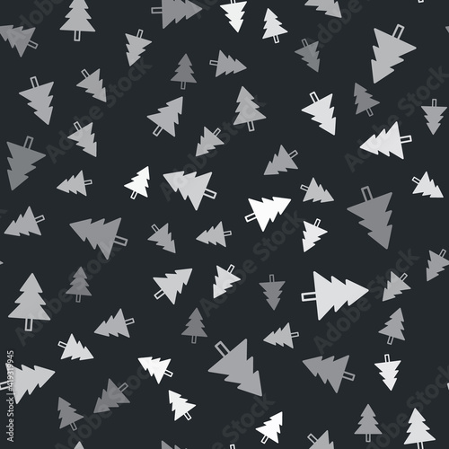 Grey Christmas tree icon isolated seamless pattern on black background. Merry Christmas and Happy New Year. Vector.