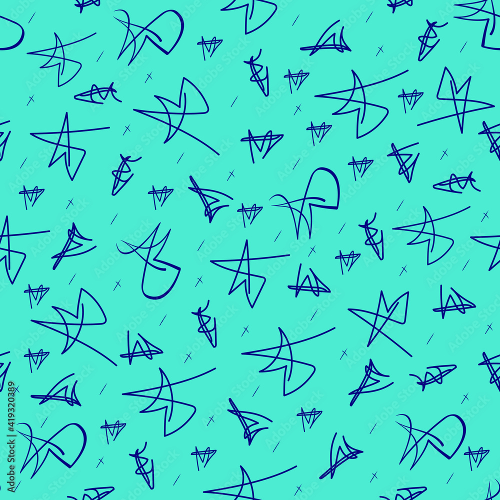 Seamless abstract blue pattern on a turquoise background. Abstraction in calligraphic style. For textiles, wallpapers and backgrounds.