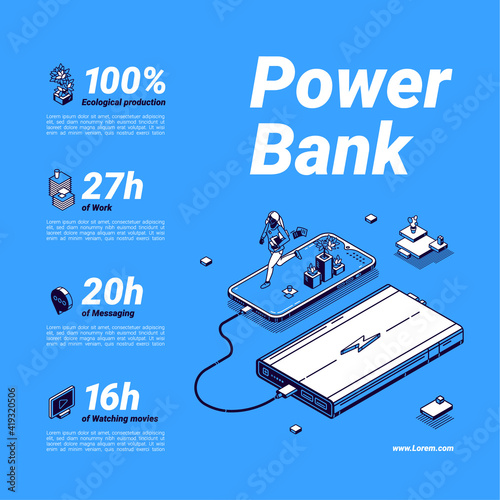 Power bank poster. External battery, portable charger for mobile phone and digital devices. Vector isometric illustration of powerbank for charge smartphone accumulator