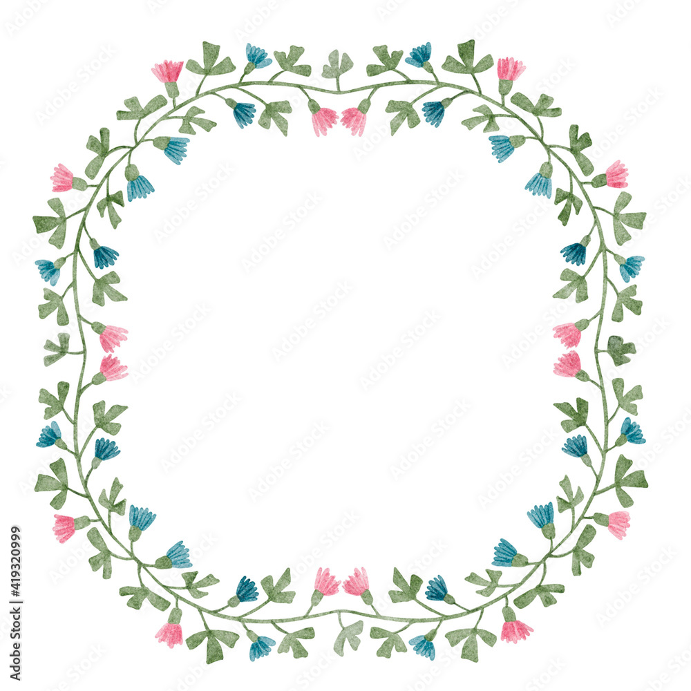 Beautiful watercolor floral wreath frame on a white background. Frame made of abstract flowers and leaves in pastel colors with place for text. Floral isolated element for invitations, cards, textiles