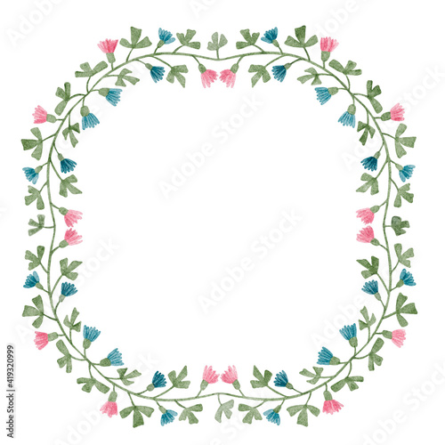 Beautiful watercolor floral wreath frame on a white background. Frame made of abstract flowers and leaves in pastel colors with place for text. Floral isolated element for invitations  cards  textiles