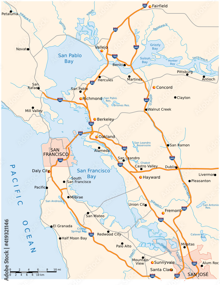 San Francisco Suburbs Map Vector Road Map Of Californias San Francisco Bay Area Stock Vector | Adobe  Stock