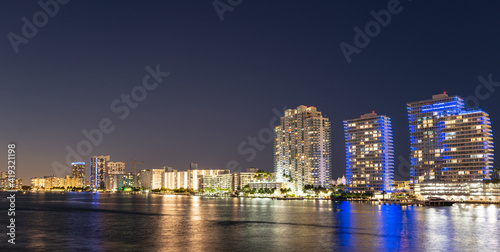 Florida Miami night city skyline. USA downtown skyscrappers landscape  twighlight town.