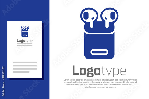 Blue Air headphones in box icon isolated on white background. Holder wireless in case earphones garniture electronic gadget. Logo design template element. Vector.