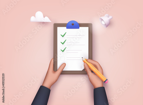 Hand holding checklist on a clipboard paper. Successful completion of business tasks. 3D Web Vector Illustrations.