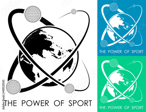 golf balls revolve around planet earth in form of atom. Power and energy of sport. Sport competition emblem. Vector