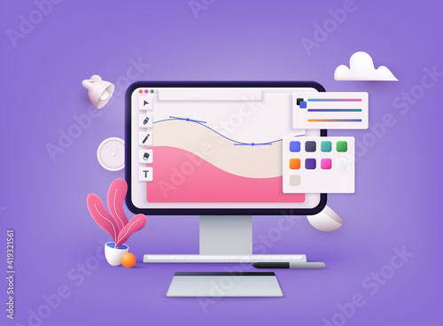 Computer display with vector design program. 3D Web Vector Illustrations.