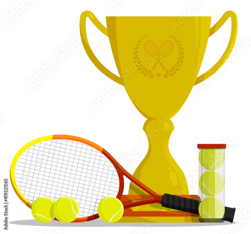Prize sports cup with ball for participation in tennis competitions. Award trophy to winner of tournament. Vector in flat style