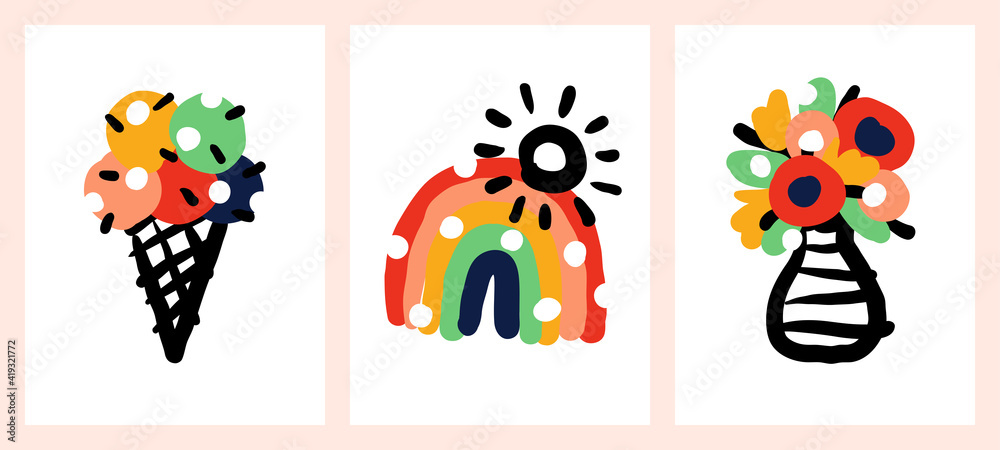 Creative vector illustrations set of multicolored ice cream in waffle cone, rainbow with shining sun and blooming flower bouquet in striped vase. Playful design for cute greeting card or naive poster